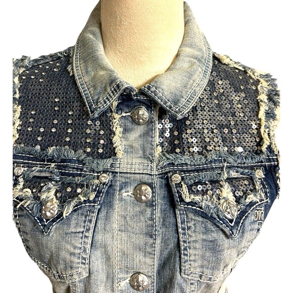 Miss Me Jean Denim Vest Rhinestone Sequin Cropped Frayed Seams Blue Western  M - Picture 3 of 10